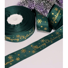 Стрічка репс 2,5см Merry Christmas темно-зелений
