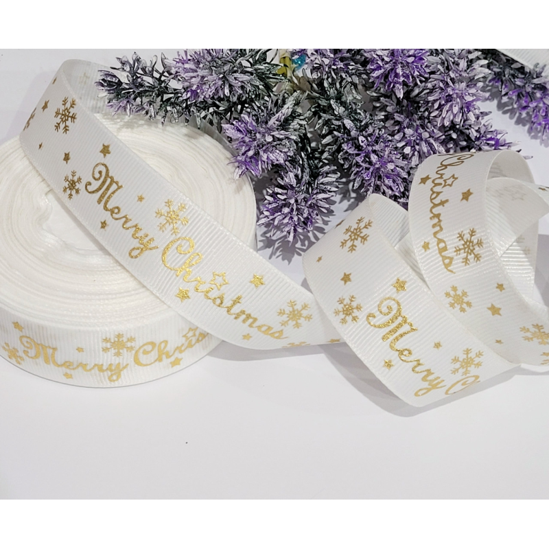 Стрічка репс 2,5см Merry Christmas айворі Стрічка репс 2,5см Merry Christmas айворі