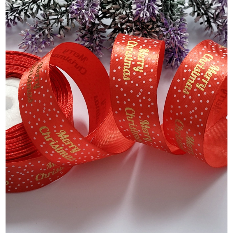 Стрічка атлас 2,5см Merry Christmas червоний Стрічка атлас 2,5см Merry Christmas червоний