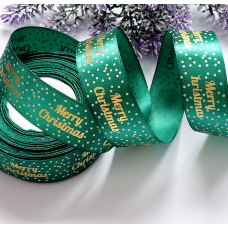 Стрічка атлас 2,5см Merry Christmas зелений