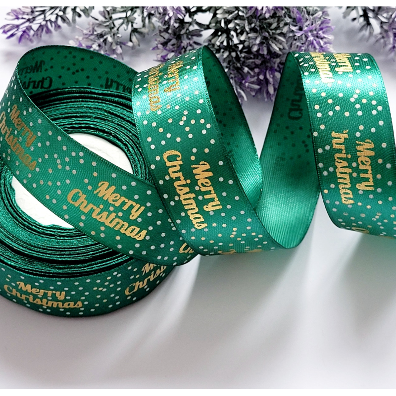 Стрічка атлас 2,5см Merry Christmas зелений Стрічка атлас 2,5см Merry Christmas зелений