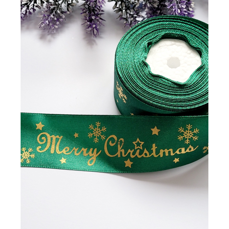 Атласна стрічка 4см Merry Christmas зелений Атласна стрічка 4см Merry Christmas зелений